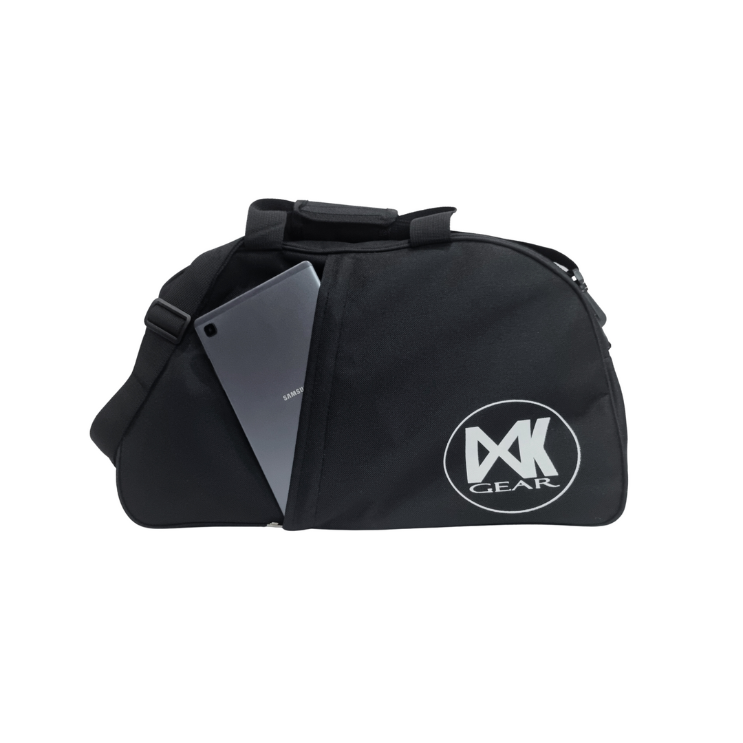 IXK Gear Gym Duffel Bag. Available in Black with Front Zip pocket. Plain White Background.