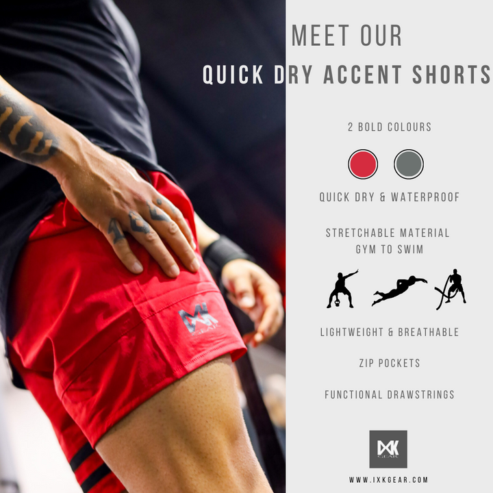 Quick Dry Accent Shorts. Boardshorts - Gym to Swim. Infographic panel highlighting the features of the shorts.