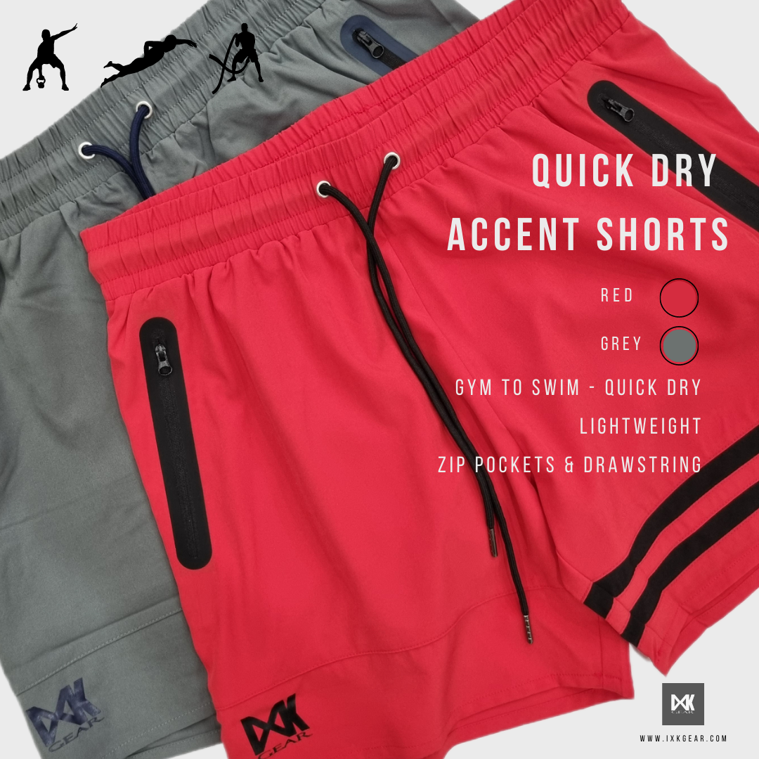 Quick Dry Accent Shorts. Boardshorts - Gym to Swim. Pictured Red on top of Grey.