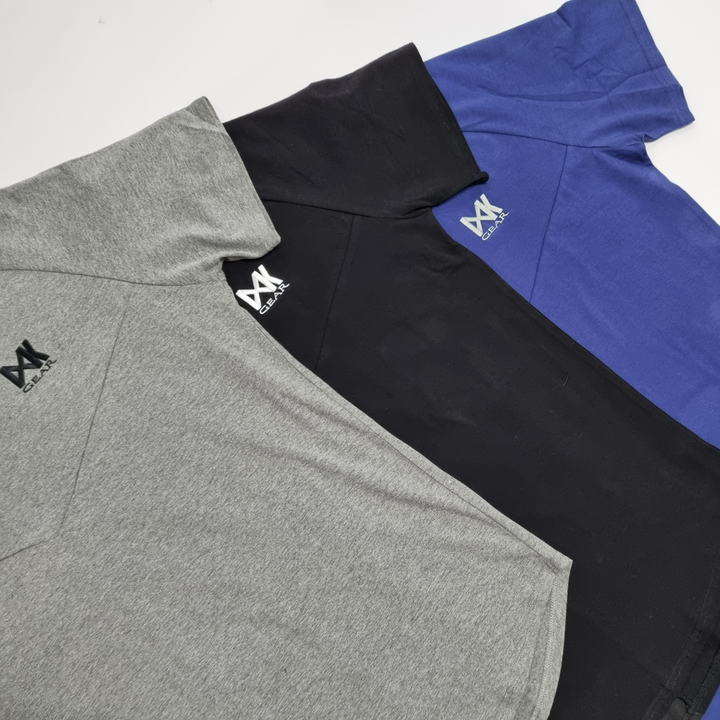Flat lay of IXK Gear Cotton Tee: Grey, Black and Blue (from left to right)