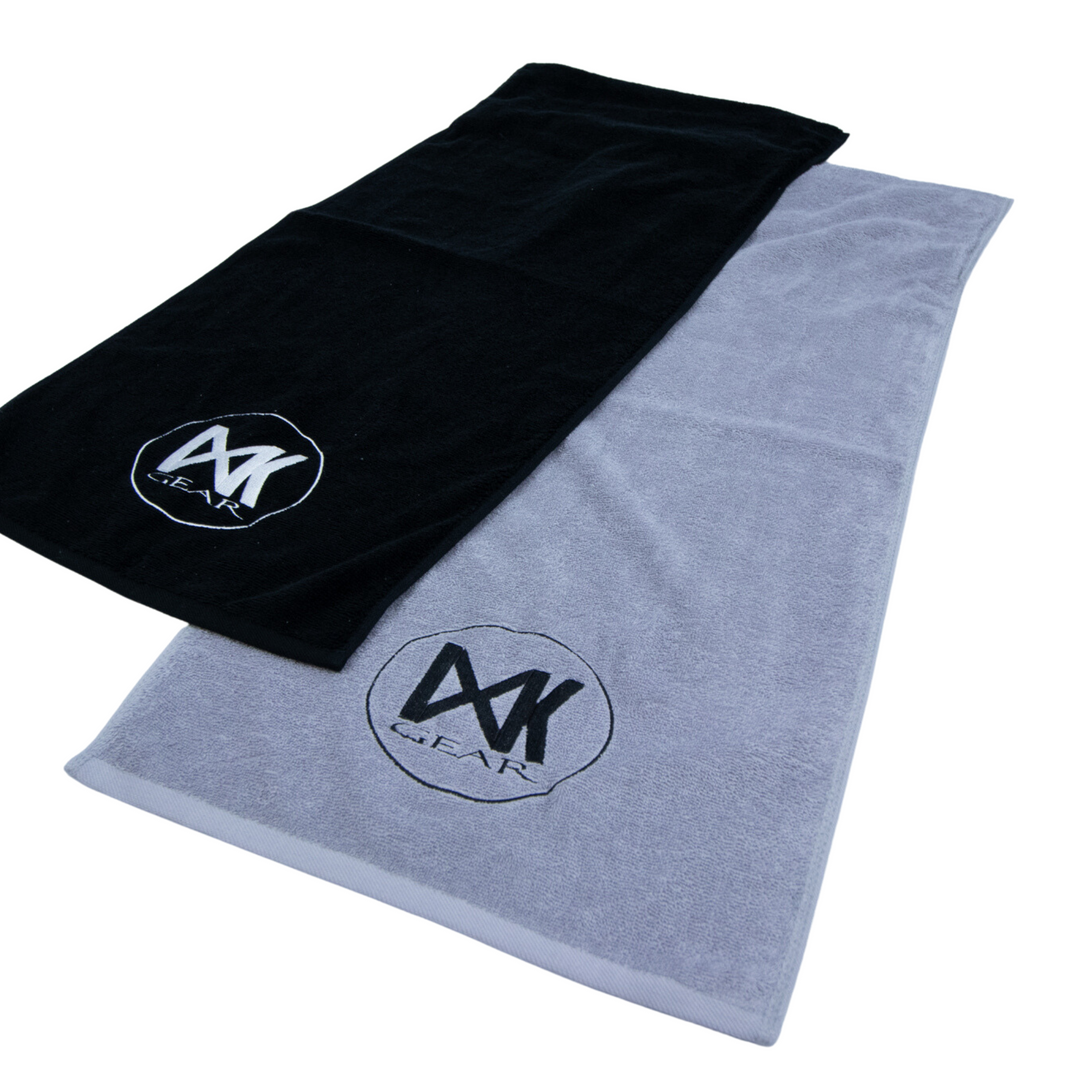 Flat lay of IXK Gear Gym Towel in Black and Grey.