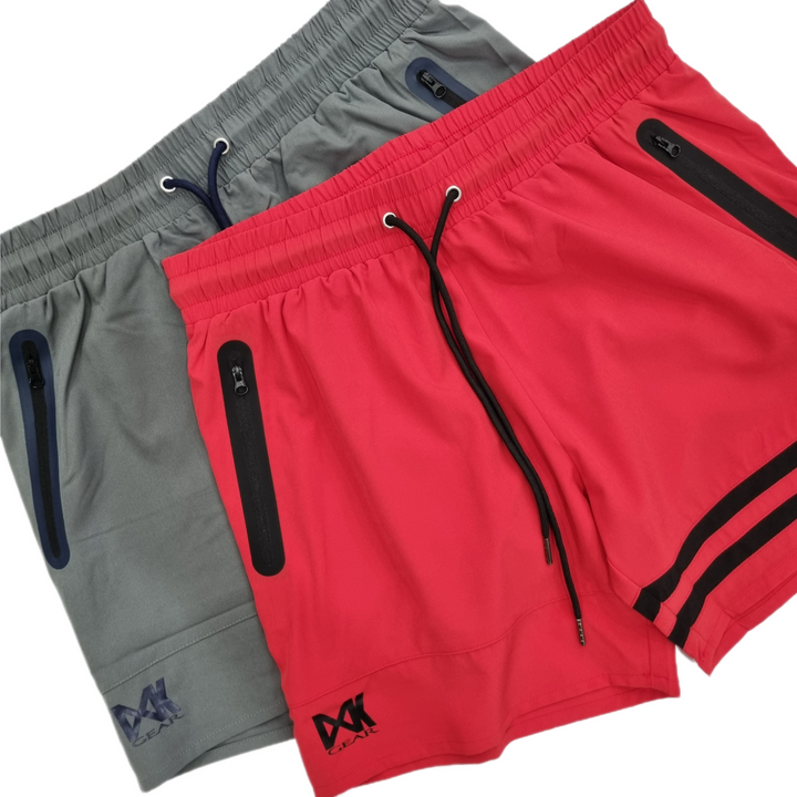Quick Dry Accent Shorts. Boardshorts - Gym to Swim. Pictured Red on top of Grey.