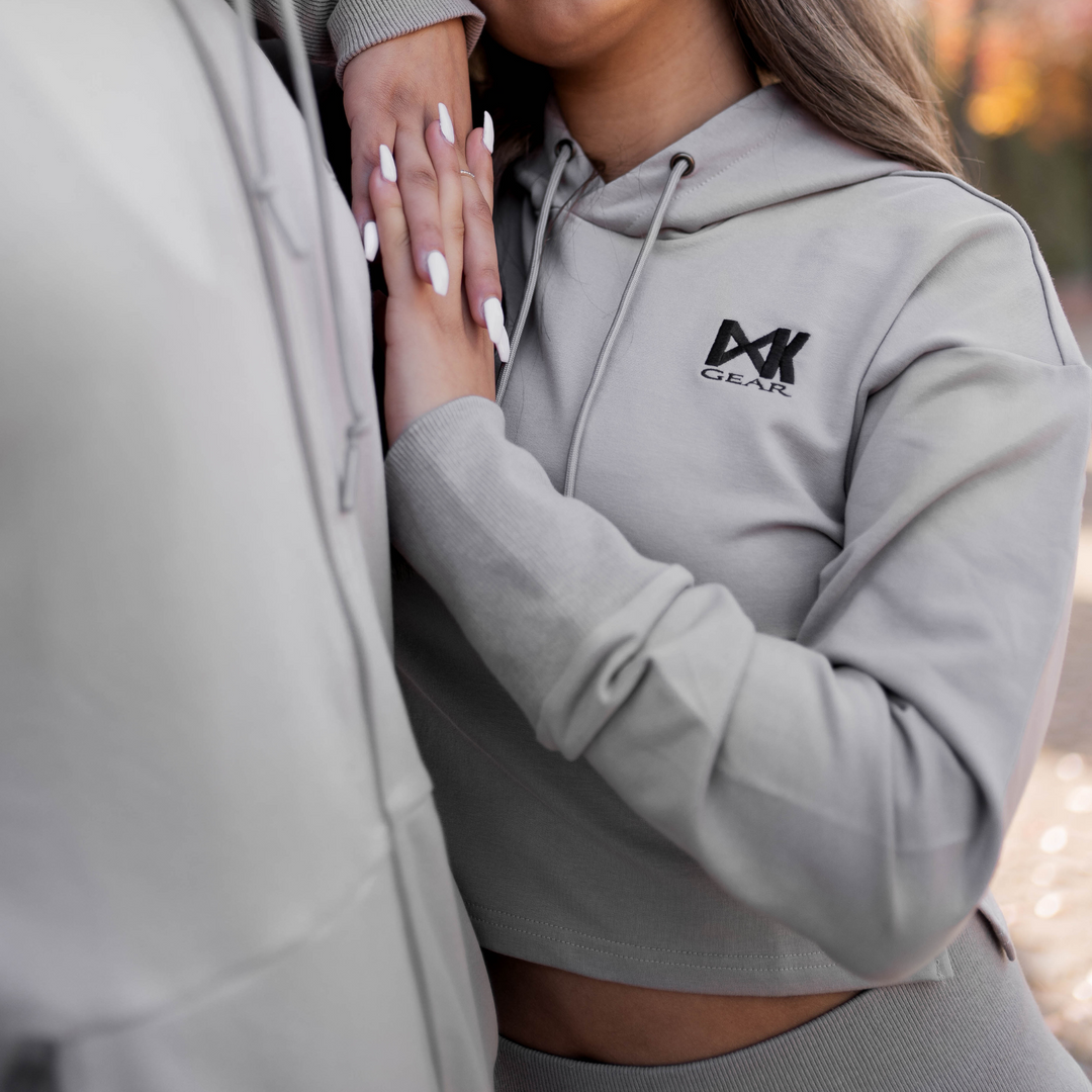 IXK GearWomen's Tracksuit in Colour: Stone. Close of hoodie cropped top.