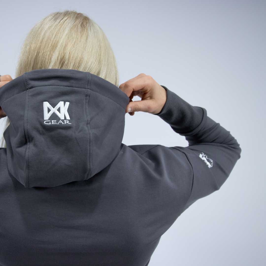 IXK Gear Women's two-piece tracksuit in Colour: Charcoal, back shot of the cropped hoodie top. Plain white background.