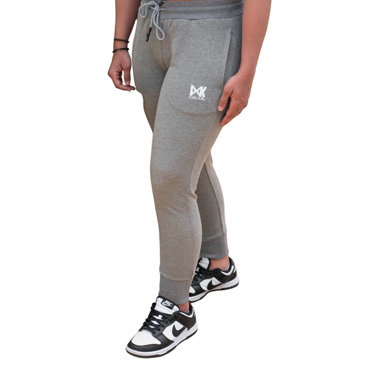 IXK Gear Womens Cropped Trackies in Colour: Grey. Plain white background.