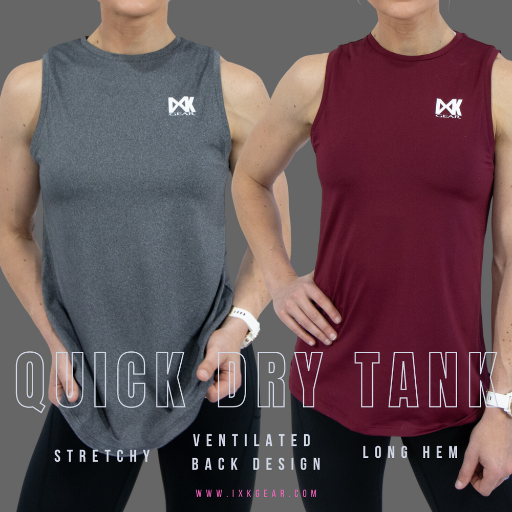 IXK Gear Quick Dry Tank Top in Colour: Grey & Maroon. Plain Grey background.
